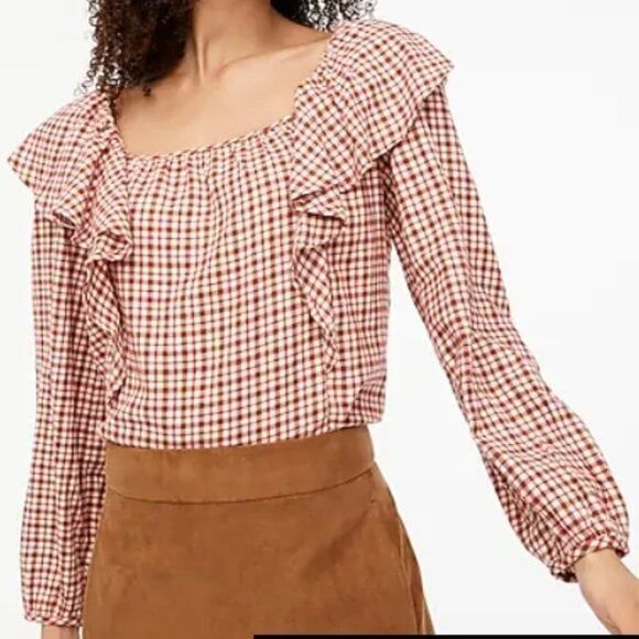 J Crew Women's Flannel Squareneck Cotton Ruffle Top Ivory Red Medium - Picture 4 of 4